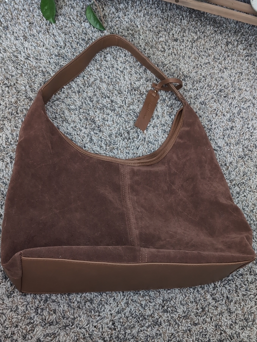 Brown Faux Suede/ Faux Leather Shoulder Bag